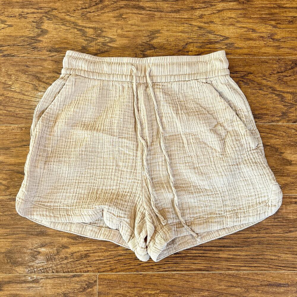 H&M Cream Beige Gauze Cotton Elastic Waist Drawstring Shorts XS